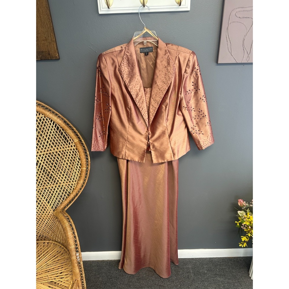 Vintage 90s Milla Bell Size 12 Sheen Beaded Orange Evening Gown Set Formal Dress